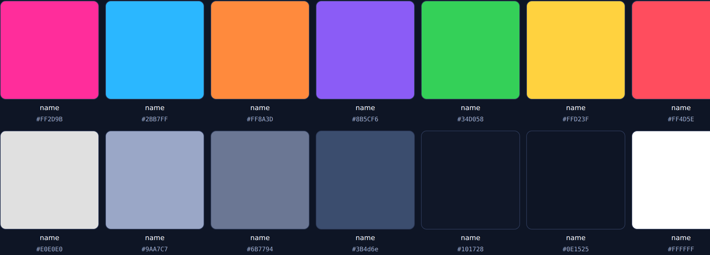 hexIT quick color pots, a grid of saved swatches each with a name and hex value